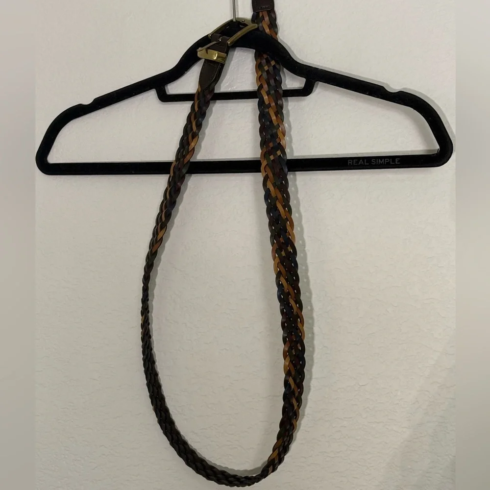 Braided Leather Multicolor Belt with Brass Hardware, 44.5 Inches Long